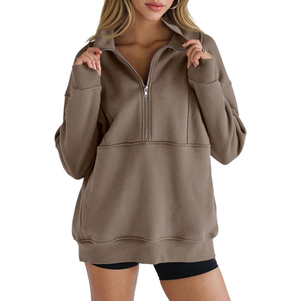 image:imageWomens Half Zip Sweatshirts Fleece Stand Collar Long Sleeve Thumb Hole Oversized Pullovers with PocketsBrown