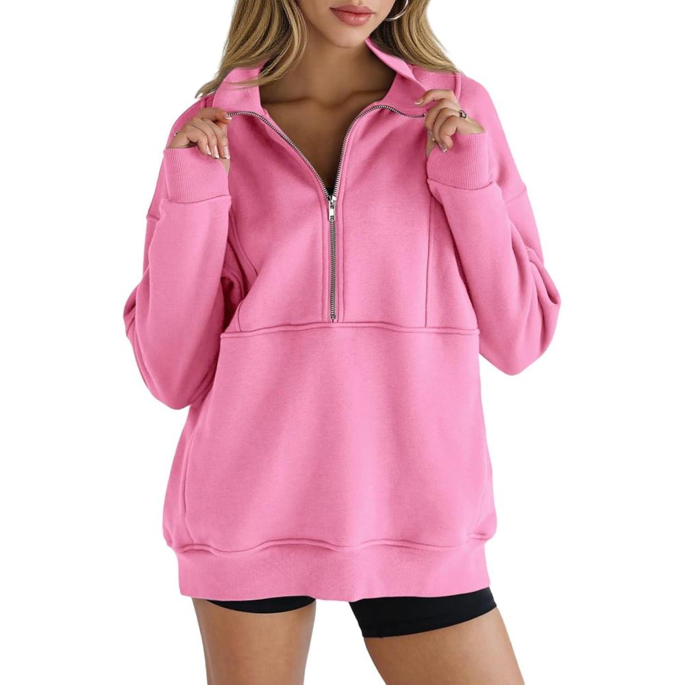image:imageWomens Half Zip Sweatshirts Fleece Stand Collar Long Sleeve Thumb Hole Oversized Pullovers with PocketsPink