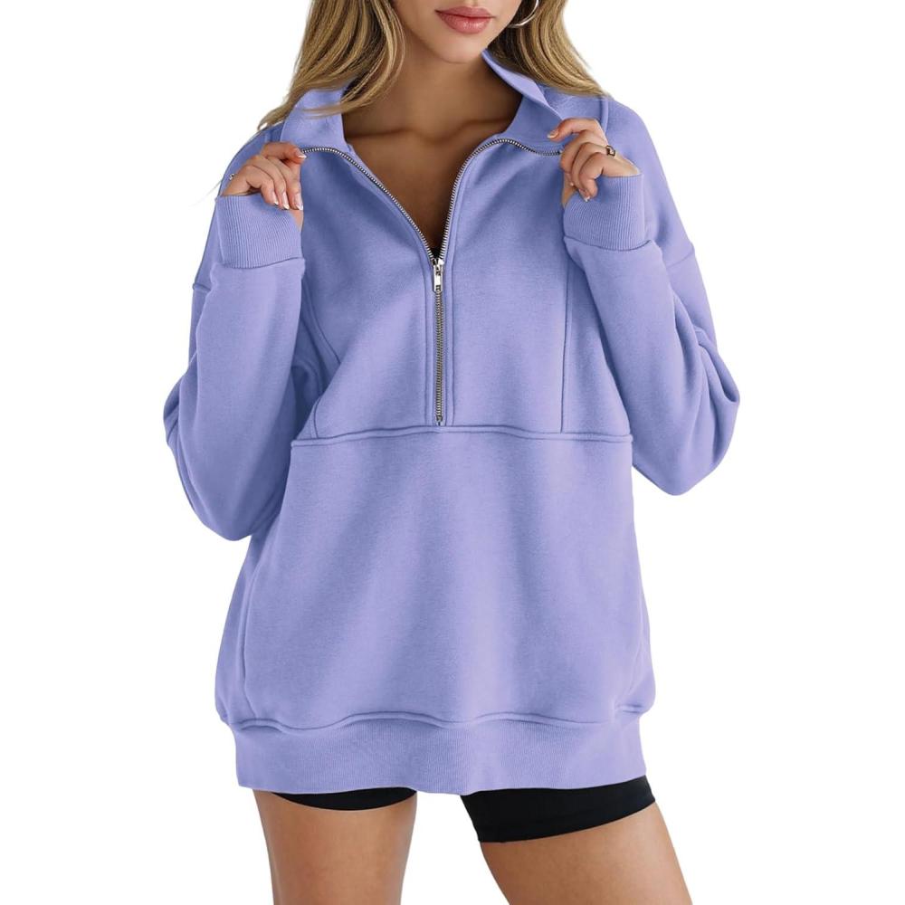 image:imageWomens Half Zip Sweatshirts Fleece Stand Collar Long Sleeve Thumb Hole Oversized Pullovers with PocketsPurple