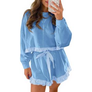 Fisoew Women’s 2 Piece Lounge Sets Color Block Ruffle Cropped Sweatshirts Loose Drawstring Waist Shorts Sweatsuits(Blue)
