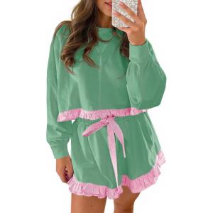 Fisoew Women’s 2 Piece Lounge Sets Color Block Ruffle Cropped Sweatshirts Loose Drawstring Waist Shorts Sweatsuits(Green)