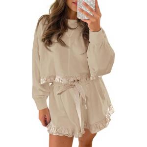 Fisoew Women’s 2 Piece Lounge Sets Color Block Ruffle Cropped Sweatshirts Loose Drawstring Waist Shorts Sweatsuits(Khaki)