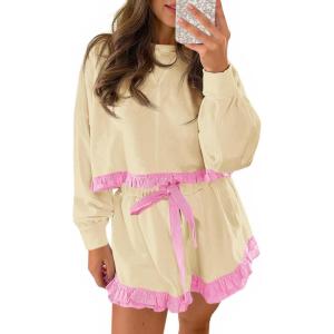 Fisoew Women’s 2 Piece Lounge Sets Color Block Ruffle Cropped Sweatshirts Loose Drawstring Waist Shorts Sweatsuits(Light Yellow)