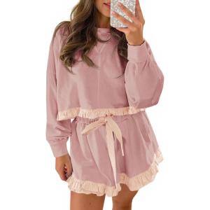 Fisoew Women’s 2 Piece Lounge Sets Color Block Ruffle Cropped Sweatshirts Loose Drawstring Waist Shorts Sweatsuits(Pink)