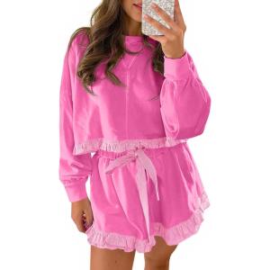 Fisoew Women’s 2 Piece Lounge Sets Color Block Ruffle Cropped Sweatshirts Loose Drawstring Waist Shorts Sweatsuits(Rose Red)