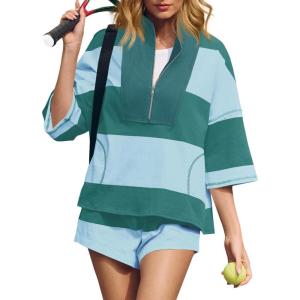 Fisoew Womens 2 Piece Outfits Summer Striped Sweatshirt Workout Shorts Sets Matching Lounge Set Tracksuits(Green)