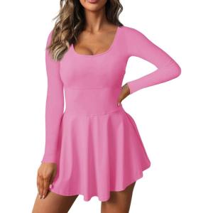 Fisoew Womens 2-in-1 Athletic Tennis Golf Dress Long Sleeve Underneath Workout Active Dresses with Built-in Shorts(Pink)