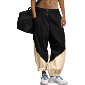 Fisoew Womens Baggy Wide Leg Pants Casual Elastic Waist Color Block Loose Workout Track Pants with Pockets(Black)