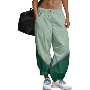 Fisoew Womens Baggy Wide Leg Pants Casual Elastic Waist Color Block Loose Workout Track Pants with Pockets(Green)