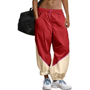 Fisoew Womens Baggy Wide Leg Pants Casual Elastic Waist Color Block Loose Workout Track Pants with Pockets(Red)
