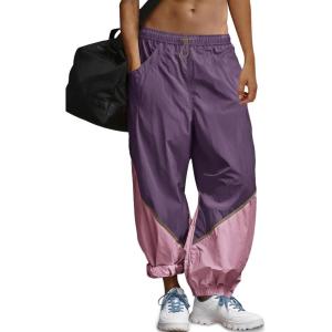 Fisoew Womens Baggy Wide Leg Pants Casual Elastic Waist Color Block Loose Workout Track Pants with Pockets(Violet)