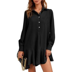 Fisoew Womens Casual Button Down Shirt Dress Long Sleeve Collared Pleated Swing Mini Dresses(Black)