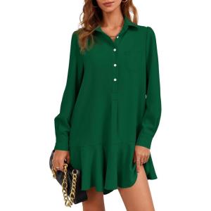 Fisoew Womens Casual Button Down Shirt Dress Long Sleeve Collared Pleated Swing Mini Dresses(Dark Green)