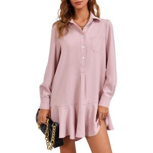 Fisoew Womens Casual Button Down Shirt Dress Long Sleeve Collared Pleated Swing Mini Dresses(Pink)