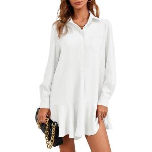 Fisoew Womens Casual Button Down Shirt Dress Long Sleeve Collared Pleated Swing Mini Dresses(White)