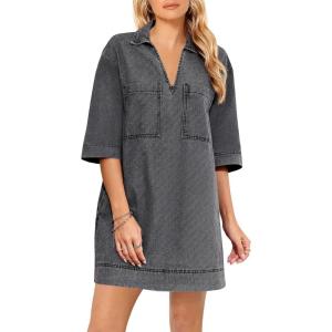 Fisoew Womens Denim Shirt Dress Summer Collared V Neck Mini Casual Jean Dresses with Pockets(Grey)