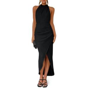 Fisoew Womens Halter Neck Party Dress Sleeveless Slit Textured Backless Sim Fit Ruched Sexy Midi Cocktail Dresses(Black)