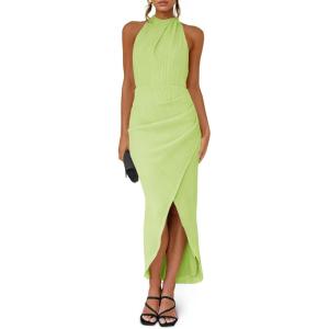 Fisoew Womens Halter Neck Party Dress Sleeveless Slit Textured Backless Sim Fit Ruched Sexy Midi Cocktail Dresses(Green)