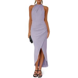 Fisoew Womens Halter Neck Party Dress Sleeveless Slit Textured Backless Sim Fit Ruched Sexy Midi Cocktail Dresses(Light Purple)