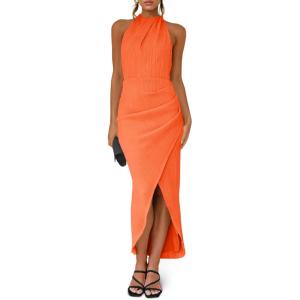 Fisoew Womens Halter Neck Party Dress Sleeveless Slit Textured Backless Sim Fit Ruched Sexy Midi Cocktail Dresses(Orange)