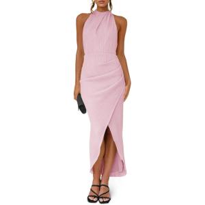 Fisoew Womens Halter Neck Party Dress Sleeveless Slit Textured Backless Sim Fit Ruched Sexy Midi Cocktail Dresses(Pink)