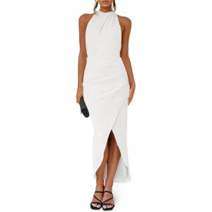 Fisoew Womens Halter Neck Party Dress Sleeveless Slit Textured Backless Sim Fit Ruched Sexy Midi Cocktail Dresses(White)