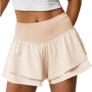 Fisoew Womens High Waisted Athletic Shorts Ruffle Tiered Running Workout Tennis Shorts with Build in Shorts(Beige)