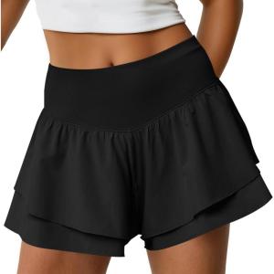 Fisoew Womens High Waisted Athletic Shorts Ruffle Tiered Running Workout Tennis Shorts with Build in Shorts(Black)