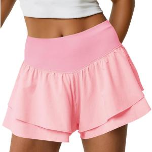 Fisoew Womens High Waisted Athletic Shorts Ruffle Tiered Running Workout Tennis Shorts with Build in Shorts(Pink)