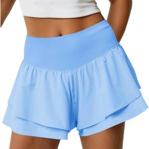 Fisoew Womens High Waisted Athletic Shorts Ruffle Tiered Running Workout Tennis Shorts with Build in Shorts(Sky Blue)