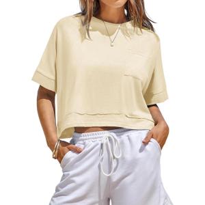 Fisoew Womens Oversized Crop Tops Workout Short Sleeve T Shirts Summer Casual Loose Fit Basic Tee Shirts with Pockets(Beige)