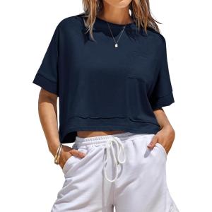 Fisoew Womens Oversized Crop Tops Workout Short Sleeve T Shirts Summer Casual Loose Fit Basic Tee Shirts with Pockets(Dark Blue)