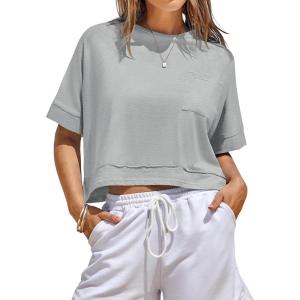 Fisoew Womens Oversized Crop Tops Workout Short Sleeve T Shirts Summer Casual Loose Fit Basic Tee Shirts with Pockets(Grey)
