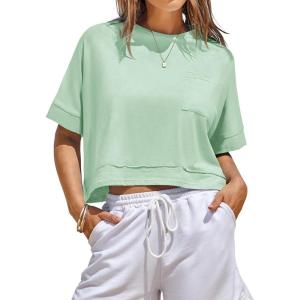 Fisoew Womens Oversized Crop Tops Workout Short Sleeve T Shirts Summer Casual Loose Fit Basic Tee Shirts with Pockets(Light Green)