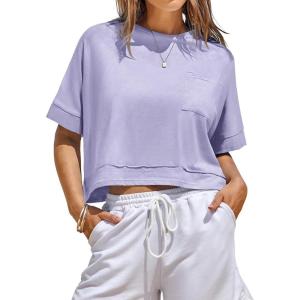 Fisoew Womens Oversized Crop Tops Workout Short Sleeve T Shirts Summer Casual Loose Fit Basic Tee Shirts with Pockets(Light Purple)