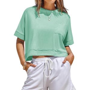 Fisoew Womens Oversized Crop Tops Workout Short Sleeve T Shirts Summer Casual Loose Fit Basic Tee Shirts with Pockets(Mint Color)