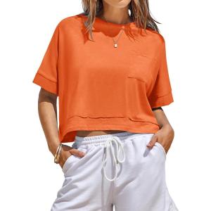 Fisoew Womens Oversized Crop Tops Workout Short Sleeve T Shirts Summer Casual Loose Fit Basic Tee Shirts with Pockets(Orange)
