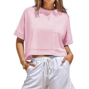 Fisoew Womens Oversized Crop Tops Workout Short Sleeve T Shirts Summer Casual Loose Fit Basic Tee Shirts with Pockets(Pink)