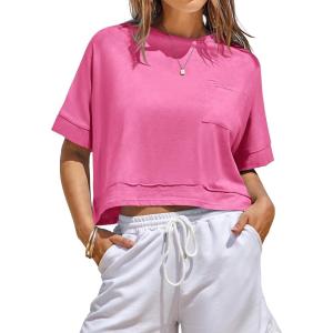 Fisoew Womens Oversized Crop Tops Workout Short Sleeve T Shirts Summer Casual Loose Fit Basic Tee Shirts with Pockets(Rose Red)