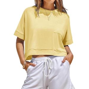Fisoew Womens Oversized Crop Tops Workout Short Sleeve T Shirts Summer Casual Loose Fit Basic Tee Shirts with Pockets(Yellow)