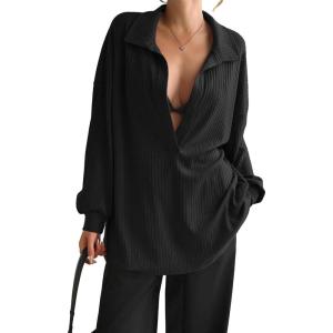 Fisoew Womens Oversized Deep V Neck Sweatshirts Casual Collared Long Sleeve Ribbed Knit Pullover Tops(Black)