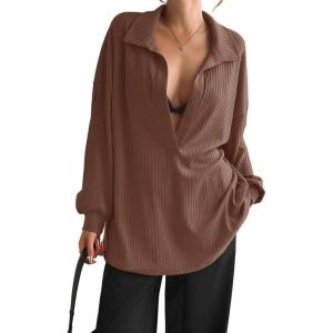 Fisoew Womens Oversized Deep V Neck Sweatshirts Casual Collared Long Sleeve Ribbed Knit Pullover Tops(Brown)