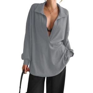 Fisoew Womens Oversized Deep V Neck Sweatshirts Casual Collared Long Sleeve Ribbed Knit Pullover Tops(Grey)