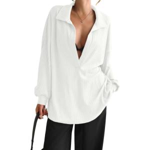 Fisoew Womens Oversized Deep V Neck Sweatshirts Casual Collared Long Sleeve Ribbed Knit Pullover Tops(White)