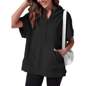 Fisoew Womens Oversized Half Zip Hoodies Short Sleeve Casual Sweatshirts Pullover Tops with Pockets(Black)