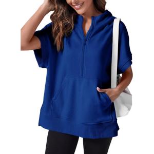 Fisoew Womens Oversized Half Zip Hoodies Short Sleeve Casual Sweatshirts Pullover Tops with Pockets(Blue)
