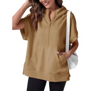 Fisoew Womens Oversized Half Zip Hoodies Short Sleeve Casual Sweatshirts Pullover Tops with Pockets(Dark Khaki)