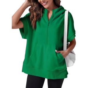 Fisoew Womens Oversized Half Zip Hoodies Short Sleeve Casual Sweatshirts Pullover Tops with Pockets(Green)