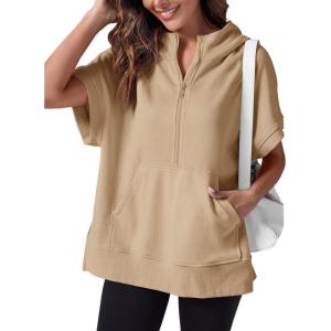 Fisoew Womens Oversized Half Zip Hoodies Short Sleeve Casual Sweatshirts Pullover Tops with Pockets(Khaki)