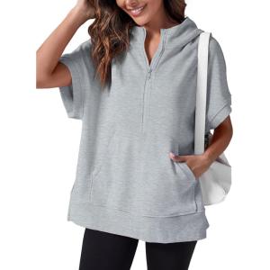 Fisoew Womens Oversized Half Zip Hoodies Short Sleeve Casual Sweatshirts Pullover Tops with Pockets(Light Grey)